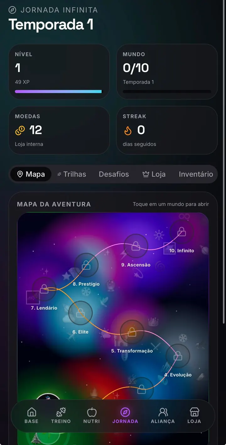Preview real da jornada gamificada do EVOLVA